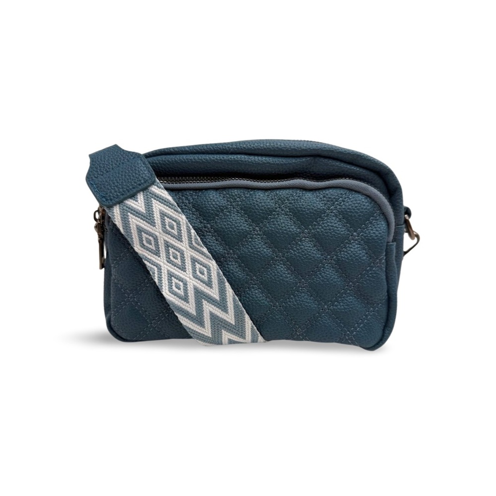 Slate Blue Quilted Camera Crossbody Bag Wide Strap NWOT Unbranded